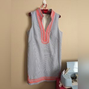 Eliza J Dress 12 Knee Length Blue White Stripe Sleeveless Sheath Preppy Coastal